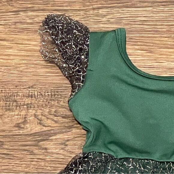 Dot Dot Smile Flutter Sleeve Twirl Dress Green With Silver Mesh Overlay 12-24 Mo - Picture 5 of 12